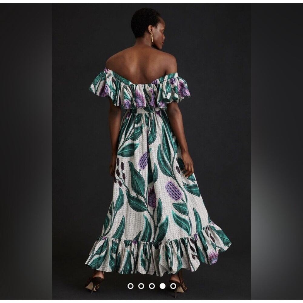 SIKA x Anthropologie Ruffled Off Shoulder Printed Long Maxi Dress Gown 0 - Picture 3 of 8